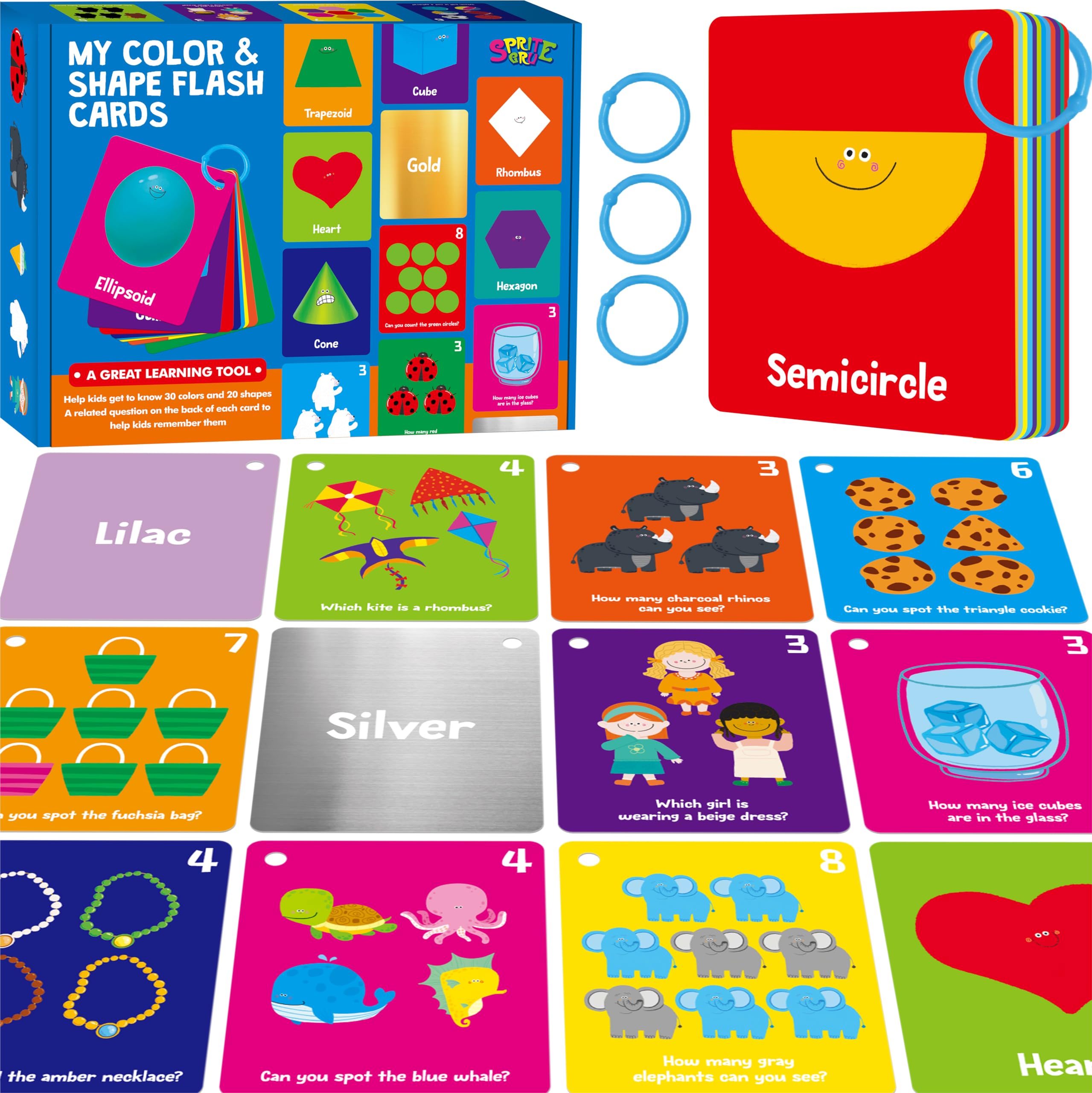 Color & Shape Flashcards, 50 Double-Sided Cards (30 Colors & 20 Shapes) Colorful Cards Educational Learning Tools for Preschool and Toddlers (3 Reclosable Rings Attached)
