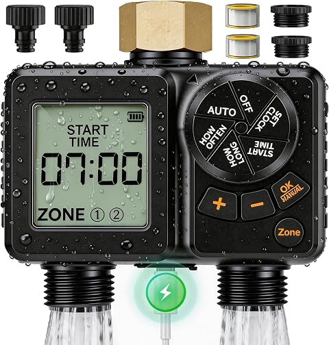 2 Zone Water Timer for Garden Hose, 2000mAh Rechargeable Watering Timer, Water Timers for Irrigation, IPX6 Waterproof Sprinkler Hose Timer with Brass Inlet, 2.8" LCD, Rain Delay/Auto/Manual Modes