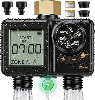 Programador de Riego 2 Salidas, 2000mAh Recargable IPX6 Impermeable Temporizador Riego con Entrada de Latón, LCD 2.8", Retardo por Lluvia, Riego Automático y Manual para Jardín, Patio, Césped