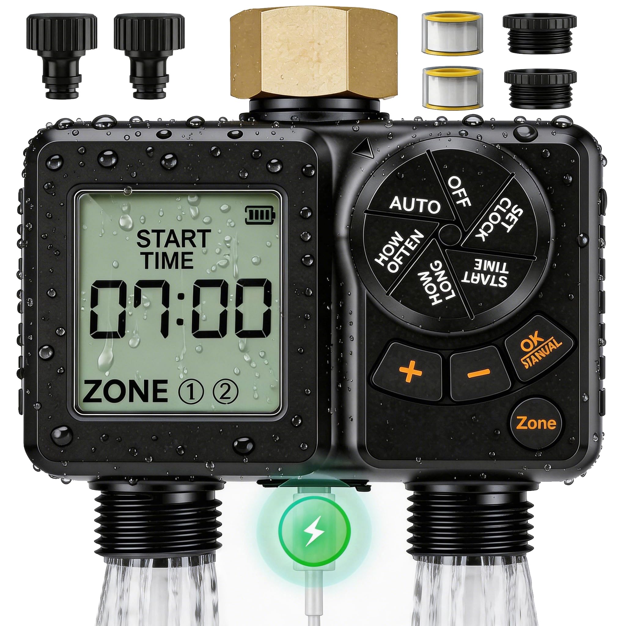 Programmateur Arrosage 2 Voies 2000mAh Rechargeable IPX6 Étanche Minuteur Arrosage Automatique, LCD 2.8", Entrée Laiton, Retard de Pluie, Arrosage Automatique et Manuel pour Jardin Pelouse