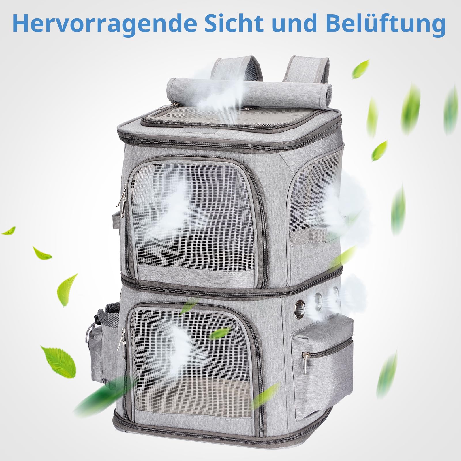Katzentransportbox für 2 Katzen, Katzenrucksack Große Katzen bis 12kg, perfekt für Reisen/Wandern/Camping, Grau, XL
