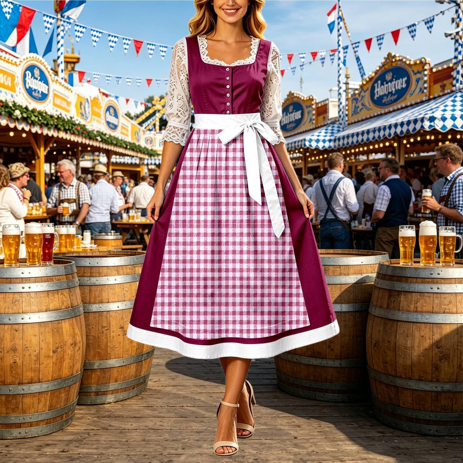 Generisch Elegante abito per Oktoberfest con fiocco in vita, abito lungo in stile francese per spettacoli teatrali, versatile, da donna, ideale per tutti i giorni e le feste