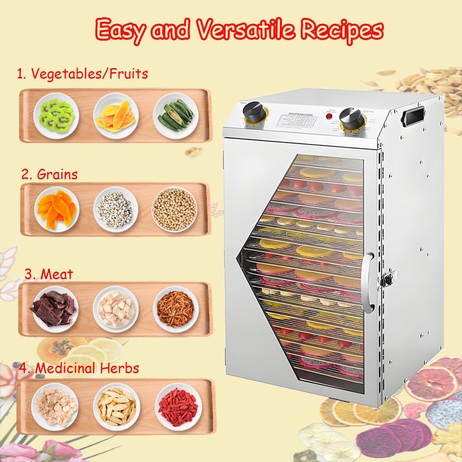 Deshidratador eléctrico comercial de alimentos – 18 bandejas de acero inoxidable, visualización LCD, secador de congelación para frutas, verduras, cecina y aperitivos, gran capacidad, secadora