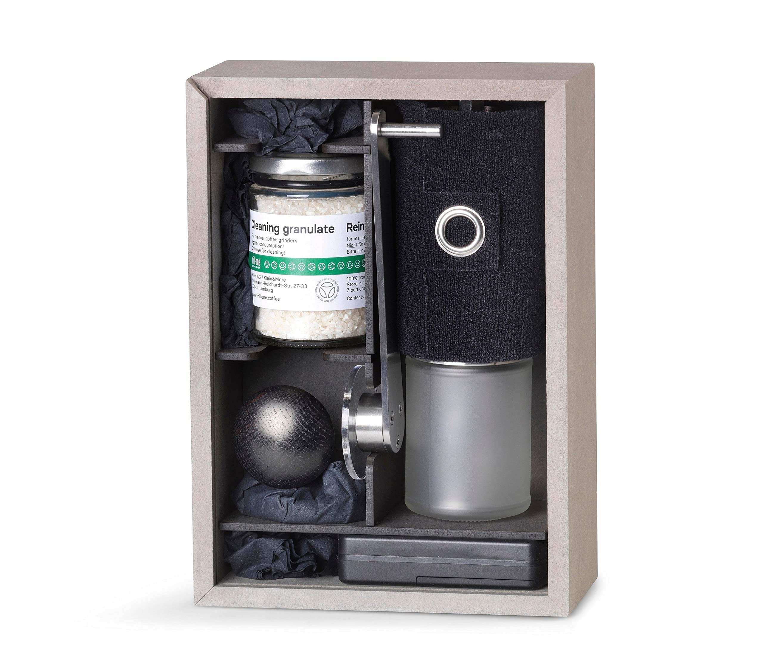 millone compact manuelle Kaffeemühle, Edelstahl, 30 g Bohnenbehälter | Präzise Mahlgradeinstellung, zwei Mikrokugellager, klappbarer Griff, inkl. Ersatzglas & Reinigungsgranulat