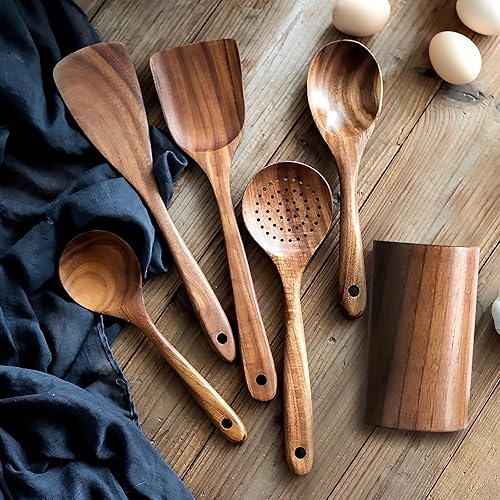 Miniatura 3 de Juego de 6 utensilios de cocina de madera, cucharas de madera para cocinar, con soporte para utensilios, agarre cómodo, ideal para utensilios de
