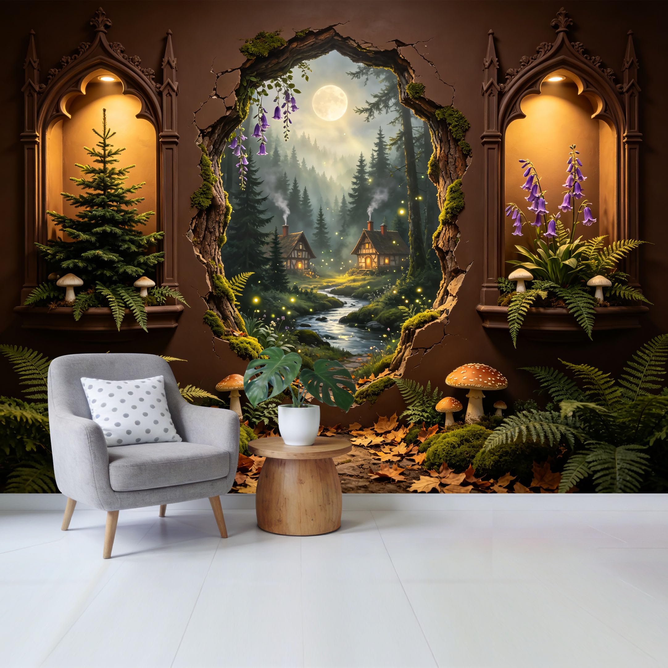 Custom Size Wall Mural Enchanted Forest Cottage Night Landscape Mushroom Fern River View Removable Self Adhesive Fabric Home Wall Decor for Living Room Bedroom Bathroom