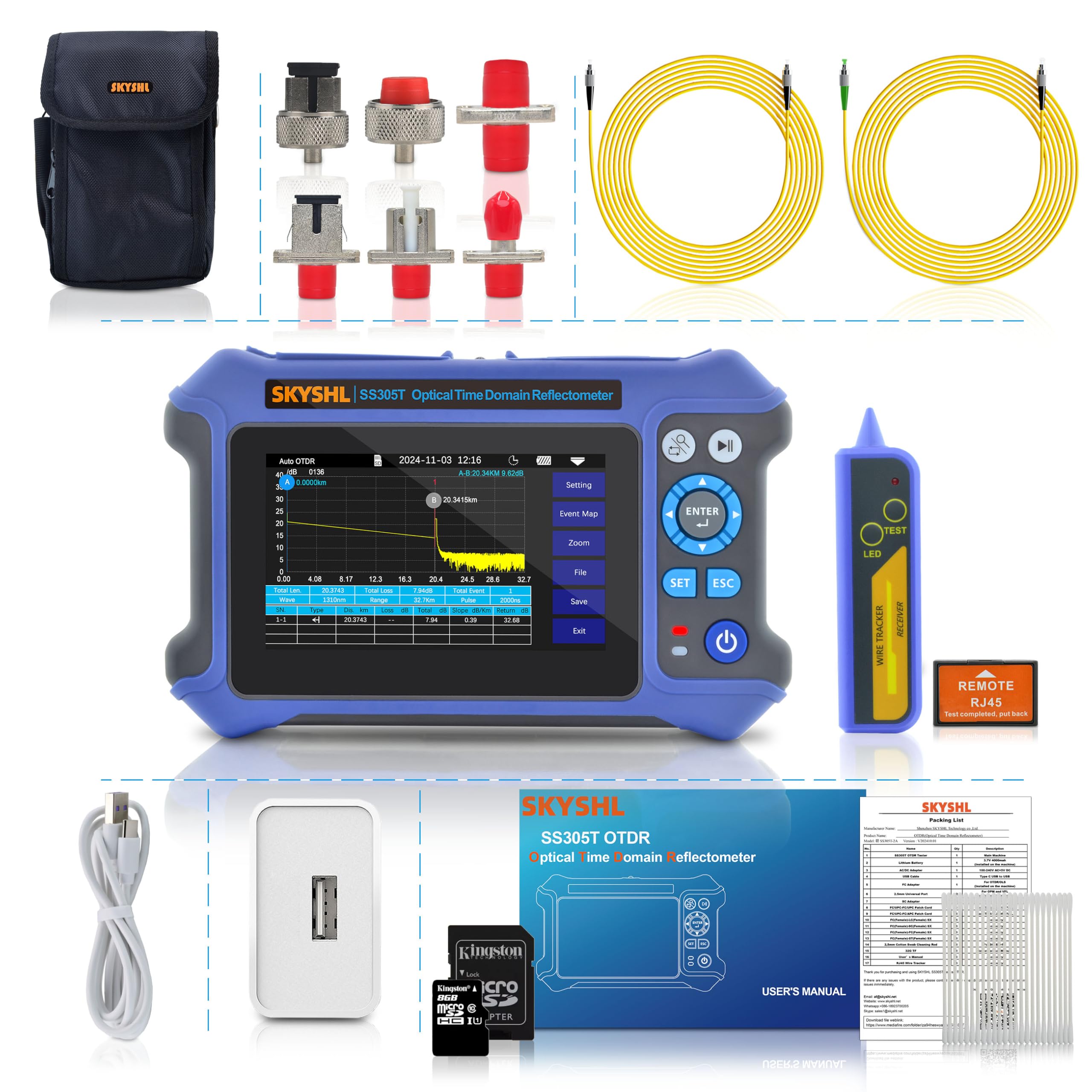 1310nm/28dB+1550nm/26dB SM Fibra OTDR Tester con OPM+10G OPM+OLS+VFL+Mappa degli Eventi+Tester di perdita+Test Multifibre+Test RJ45 con APC&UPC SC+FC+ST+LC-SS305T-2A1