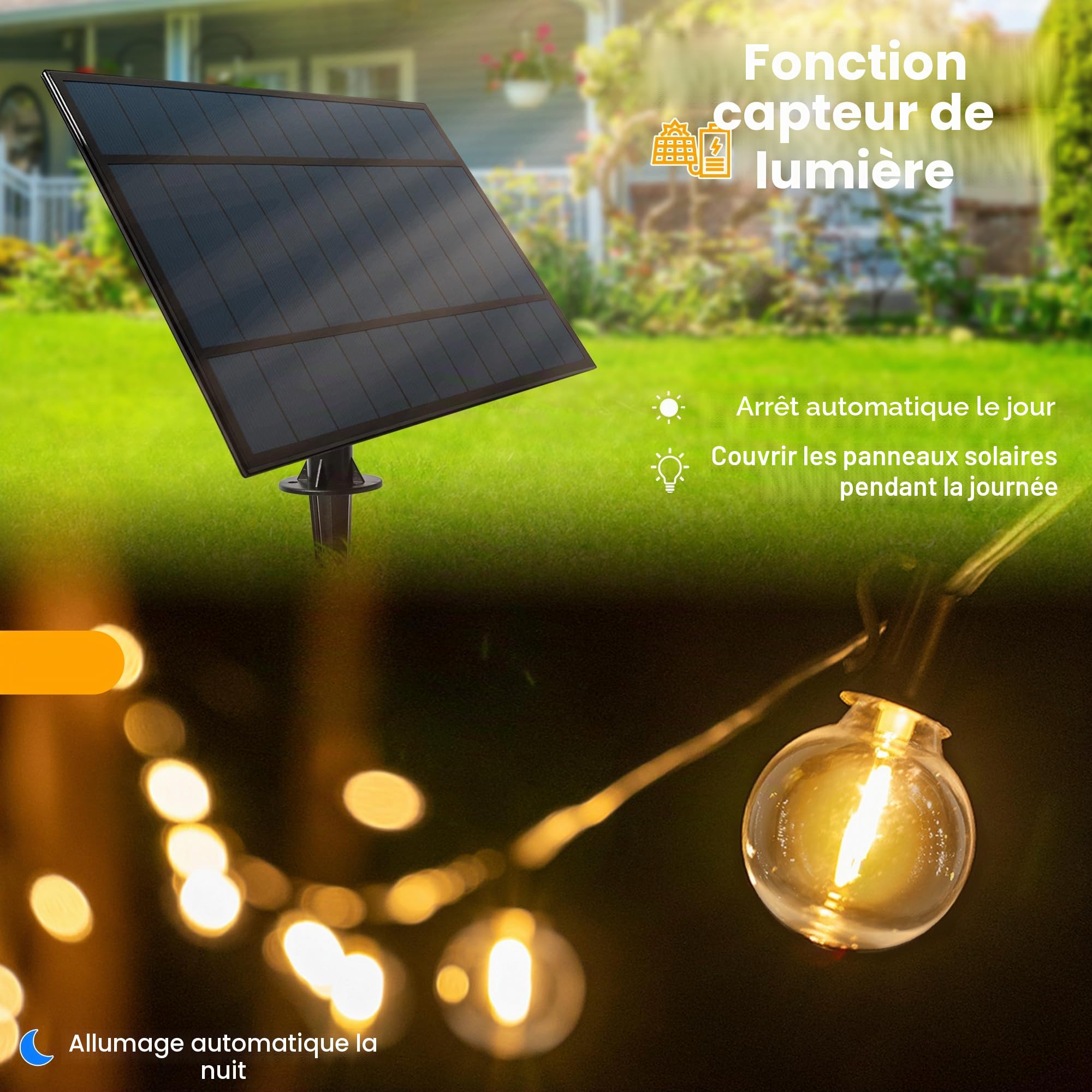 Guirlande lumineuse solaire d'extérieur 20 m avec 30 + 2 ampoules LED, G40, résistant aux intempéries, pour jardin, balcon, télécommande, 3 modes d'éclairage,fonction minuterie, étanchéité IP65