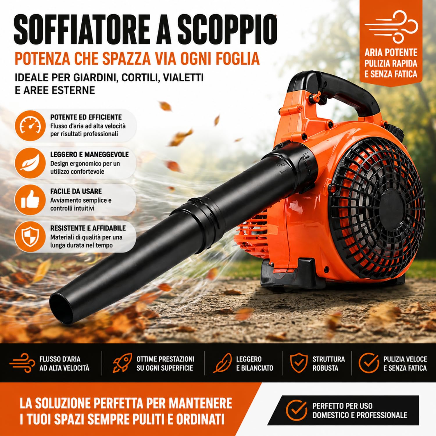 Soffiatore a Scoppio 25CC Motore 2 Tempi 1500W per Giardino