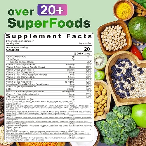 Miniatura 2 de Super Greens - Gomitas de fibra de superalimento con espirulina, clorella, prebióticos, probióticos, frutas vegetales, vitaminas y minerales, para