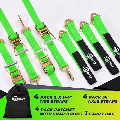 Miniatura 2 de Trekassy Correas de amarre de automóvil de 2 x 144 pulgadas para remolques resistentes con ganchos a presión, carga de trabajo segura de 3,333
