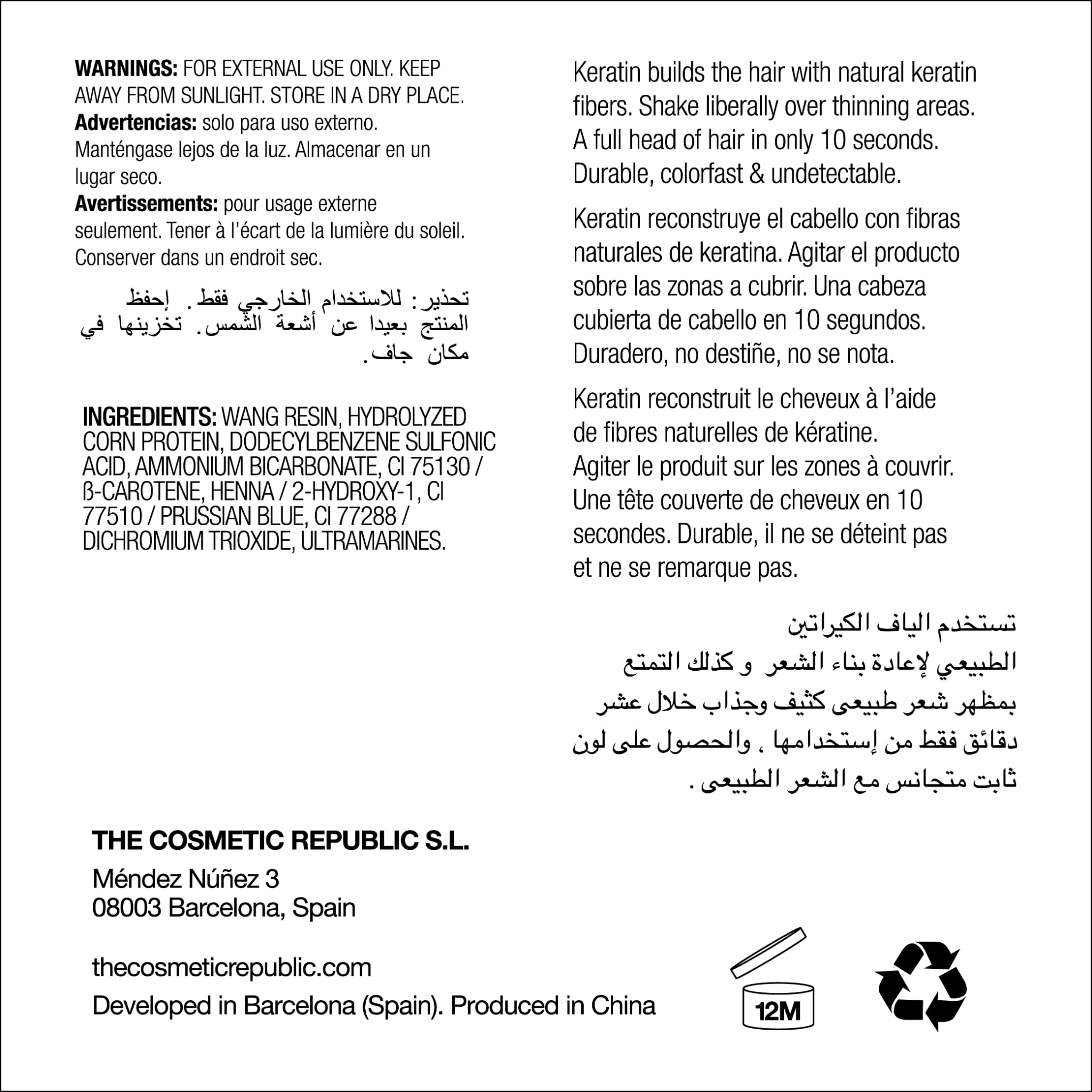 THE COSMETIC REPUBLIC - Fibras Capilares de Keratina - Retocador de Canas y Raíces de Larga Duración - Tapa Canas Mujer y Hombre - Retocador de Canas con Microfibras Capilares - 25gr, Rubio Oscuro