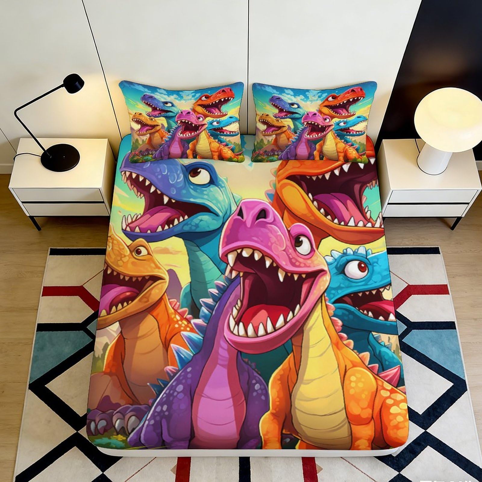 3D Printed Colorful Dinosaur Fitted Sheet Microfiber Soft Breathable Cartoon Jurassic Bed Cover for Bedroom Dorm Mattress Protection Decor 90x200x25cm