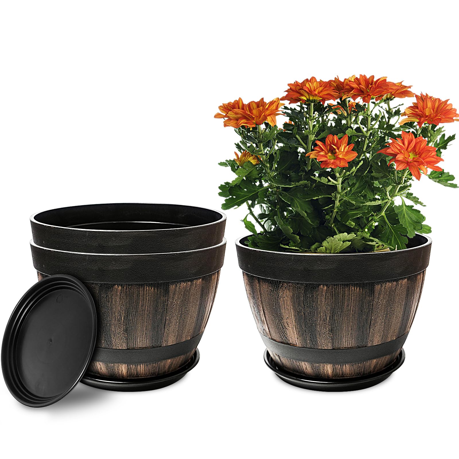 hewewor Plant Pots Set of 3 Pack 9 Inch/23cm,Resin Whiskey Barrel Planters with Drainage Holes & Trays,Plastic Decoration Flower Pots Wooden Barrel Design for Indoor Outdoor Garden Plants Flowers