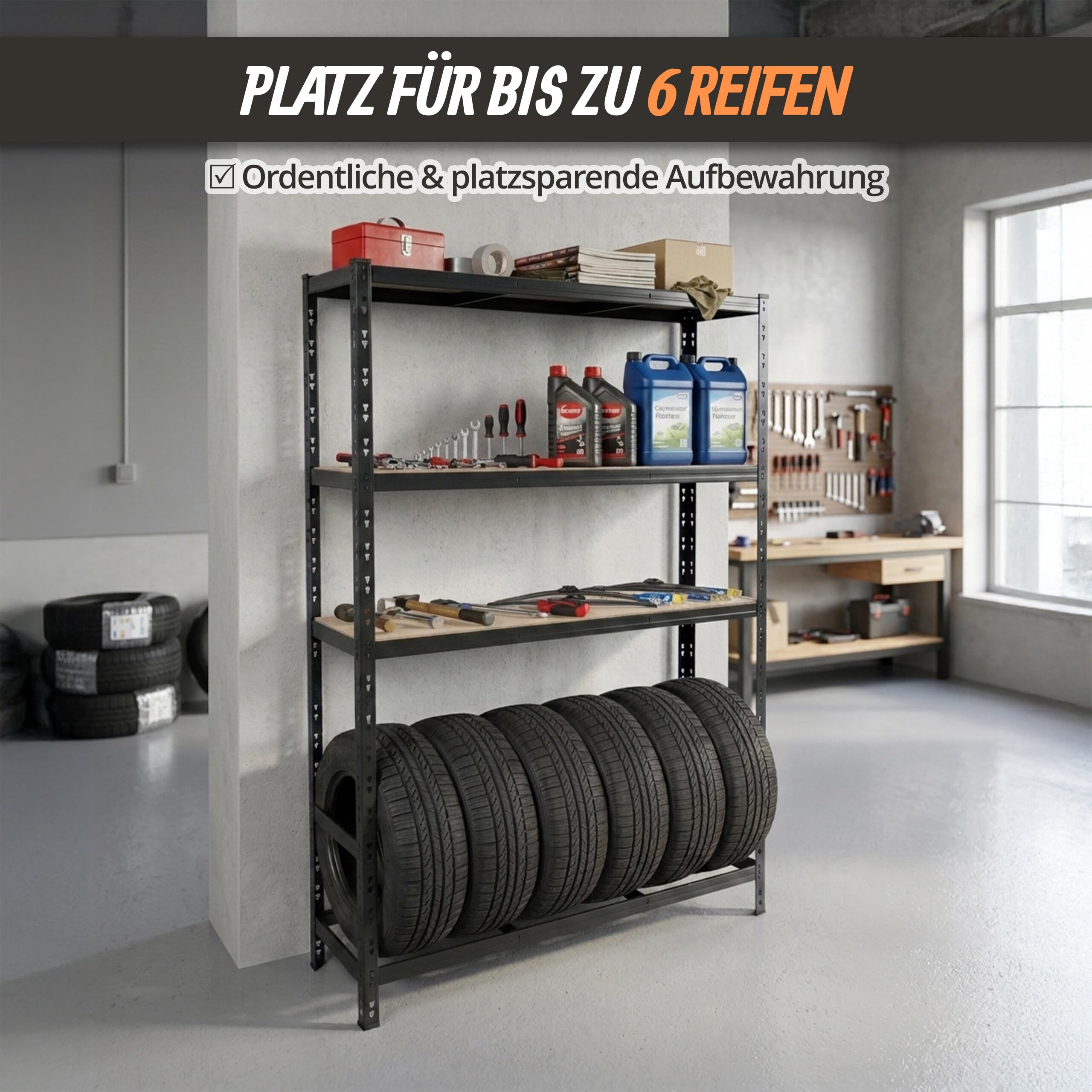 Relaxdays Reifenregal für 6 Reifen, HxBxT 180 x 120 x 40 cm, 600 kg, Stahl, Stecksystem, Reifenlager Werkstatt, schwarz