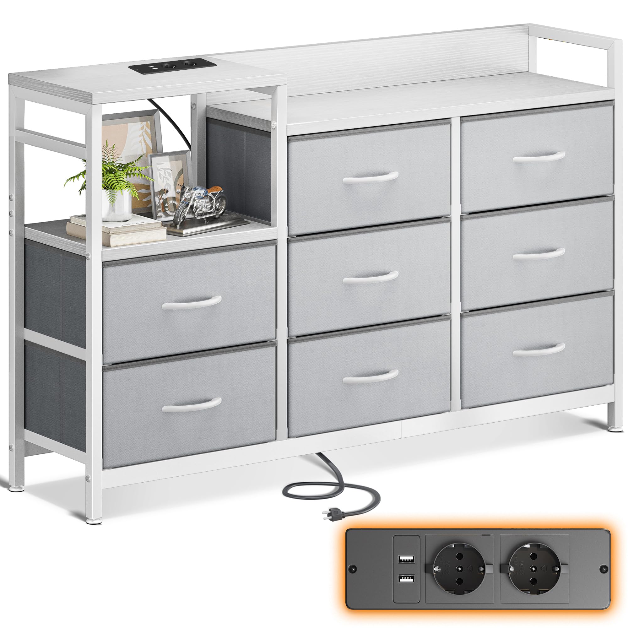ODK Comoda Dormitorio, 2 Puertos USB y 2 AC, Cajonera Multifuncional para Dormitorio y Salón - Aparador Estable y Duradero, 132 x 30 x 88 cm, Blanco