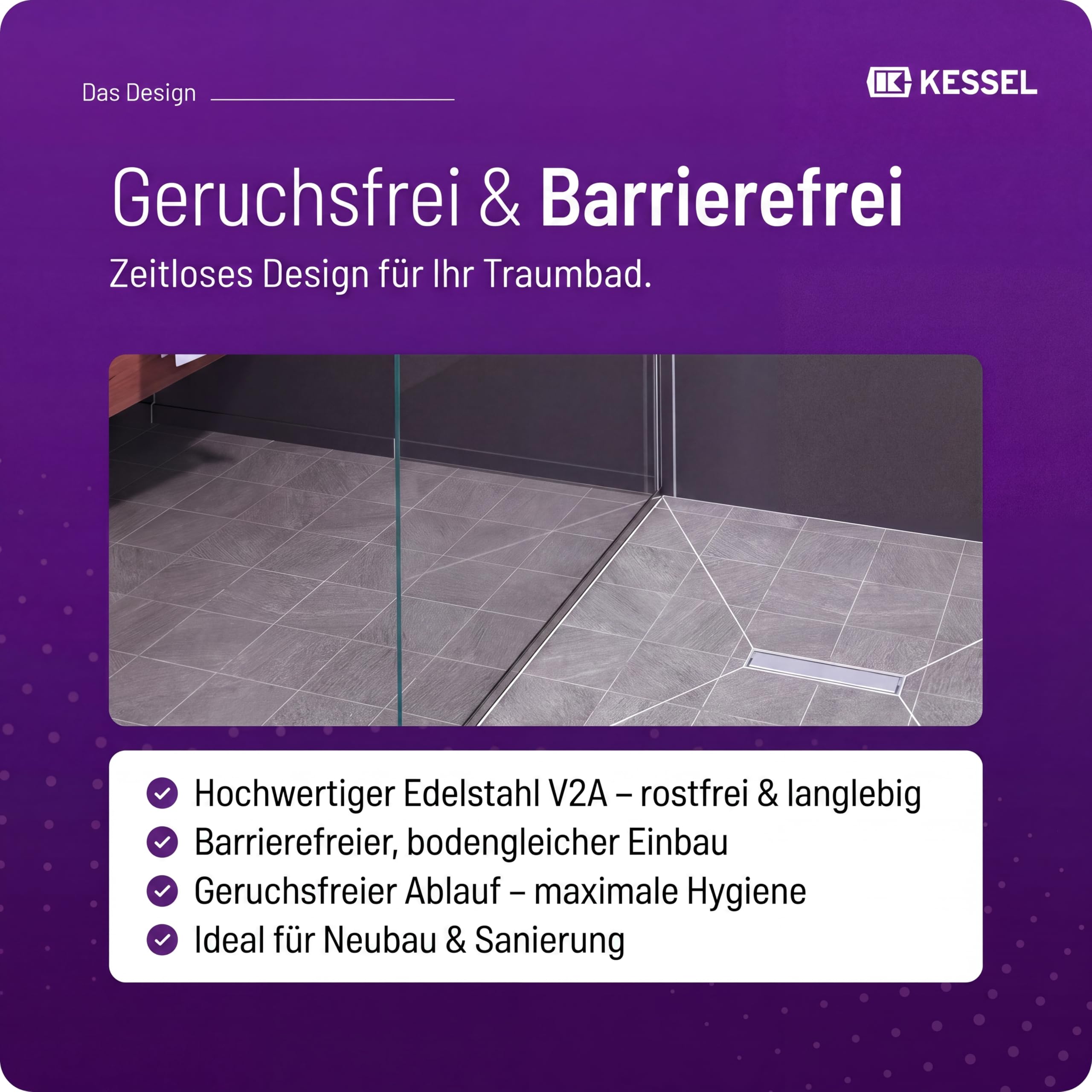 KESSEL Duschrinne Linearis Compact 75 cm, Edelstahl, DN 50, flach | Wendbarer Rost befliesbar, inkl. Geruchsverschluss, WaD Dichtmanschette, geringe Einbauhöhe, Komplettset