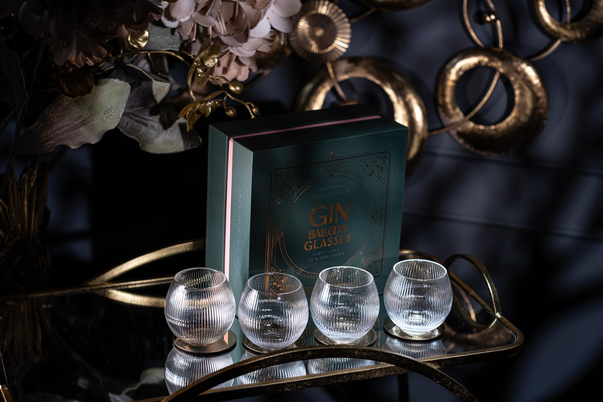 Copas de Cóctel Art Déco con Globo para Gin Tonic | Juego de 4 | 400 ml | Vasos de Cristal sin Tallo para Cócteles de Ginebra | Cristalería de Burbujas Acanalados