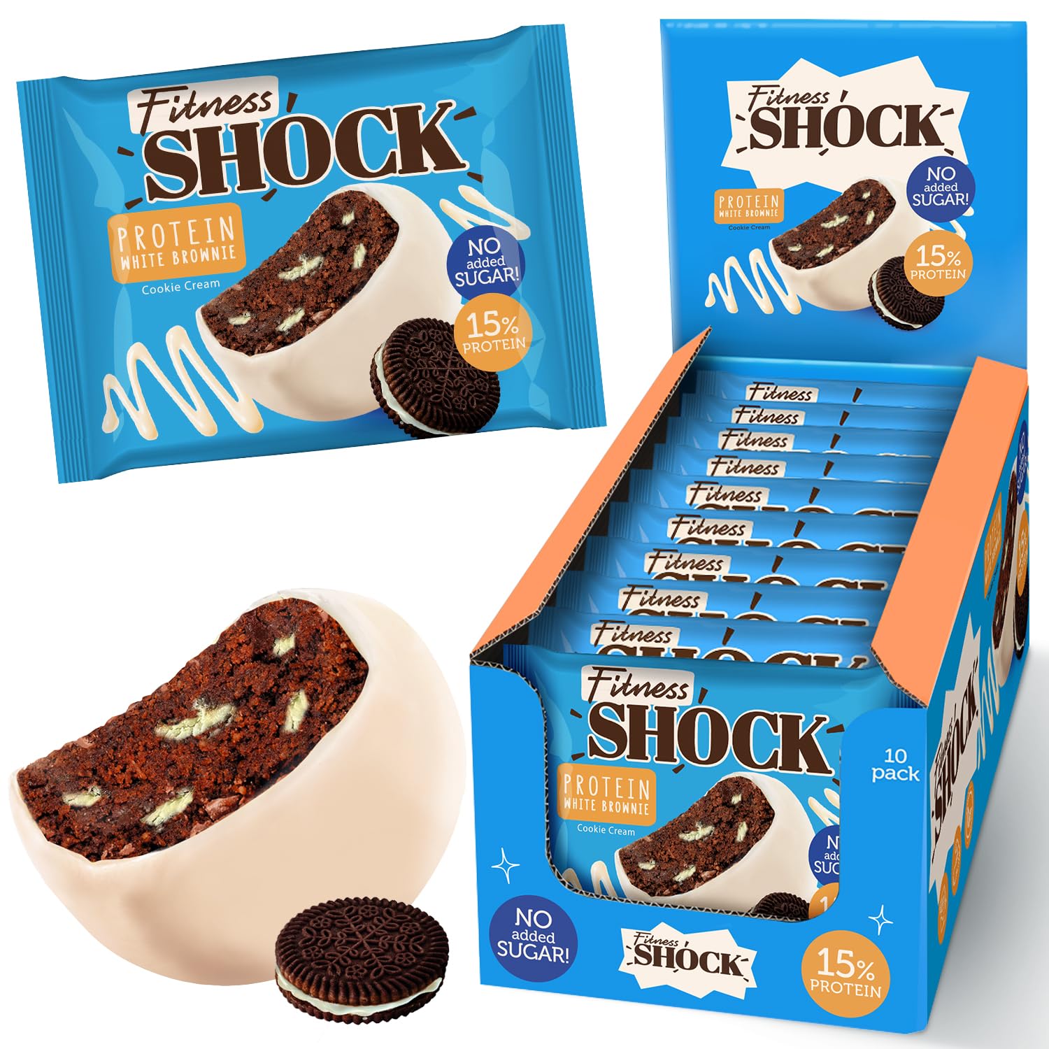 Protein Brownie White Chocolate, No Added Sugar, 15%/7,5g Protein, 233kcal, Pre/Post Workout Snack - No Palm Oil, Filling dietary fibre, Soft Texture, 10x50g - Cookie cream flavour