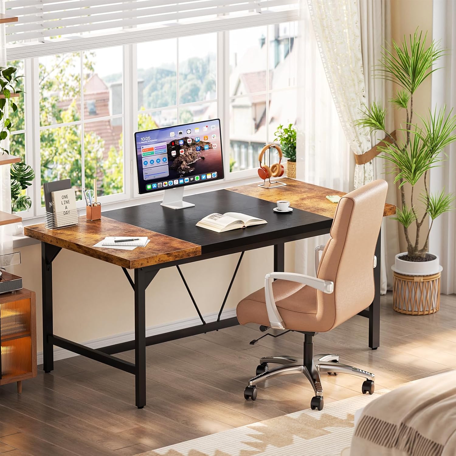 Cyclysio 63" Large Computer Desk, Long Office Table with Heavy Duty Metal Frame, Modern Study Writing Gaming Desk for 2 Person, 1.4" Thick Wood Desktop for Home Office