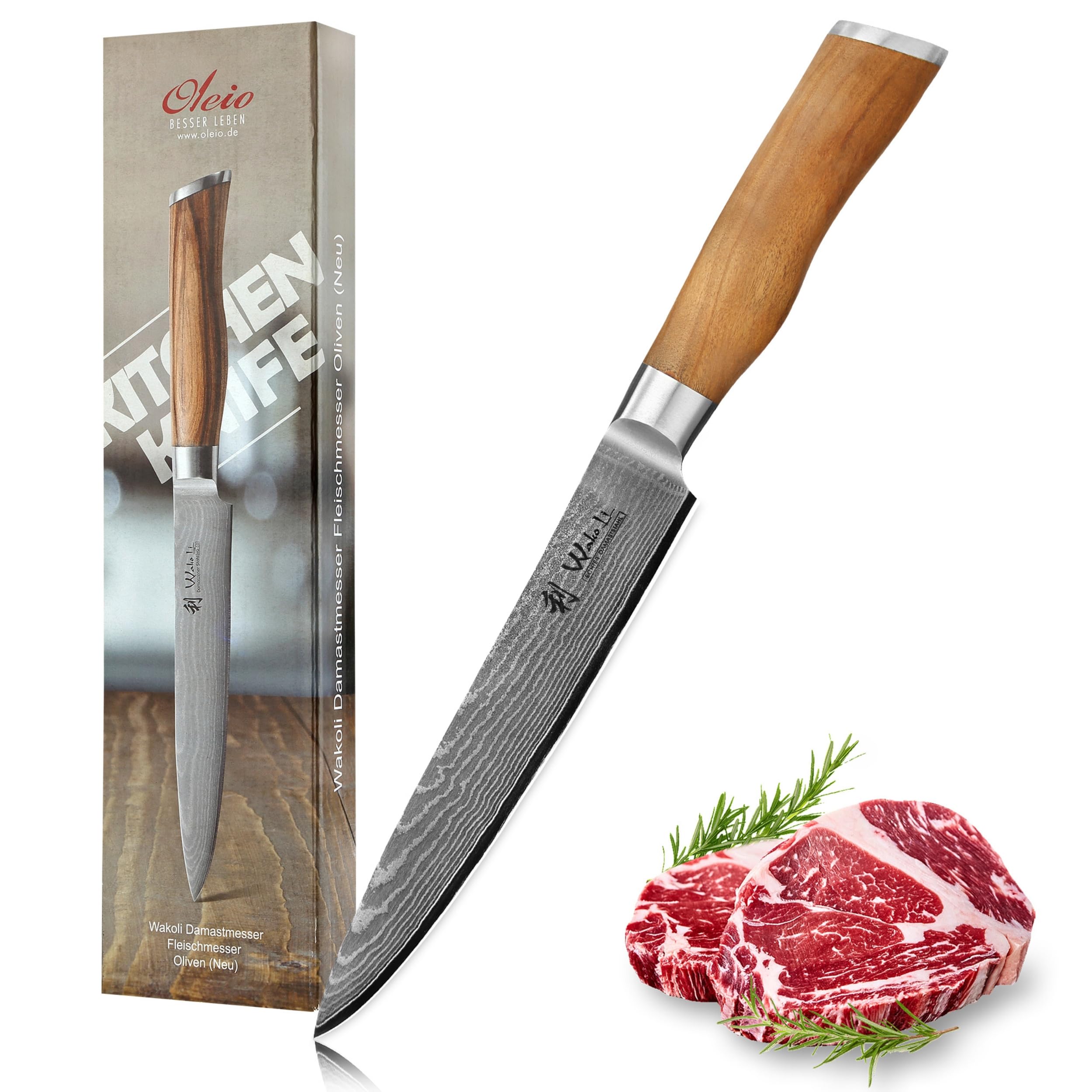 Wakoli Olive Tranchiermesser mit 17 cm Klinge aus 67 Lagen Damaststahl mit VG10 Kern, Fleischmesser mit Olivenholzgriff, Damastmesser in Geschenkbox für Fleisch und feine Schnitte