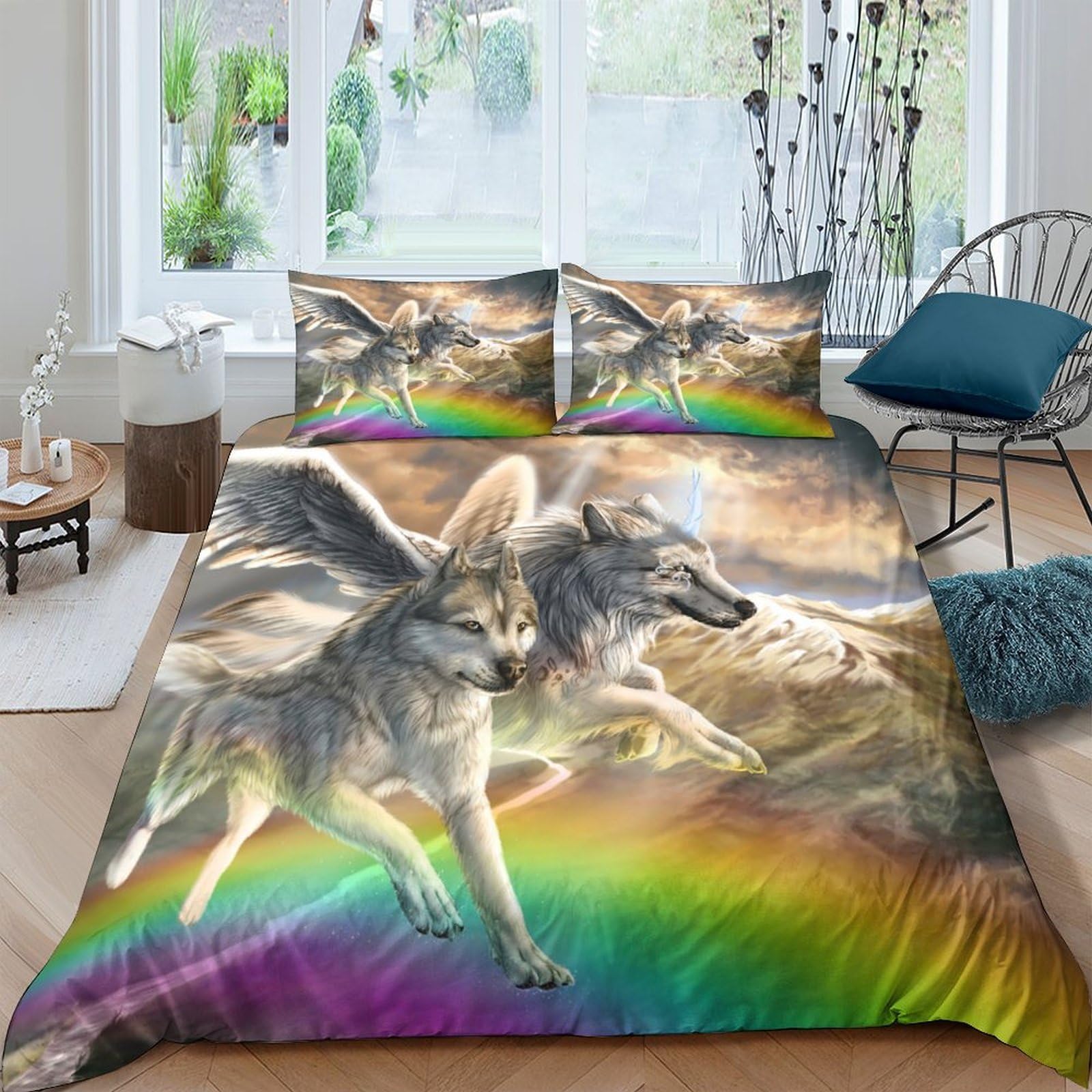Ctjqhvkz Style-10 3D Printed Wolf Rainbow Fitted Sheet Microfiber Soft Bed Cover Nature Animal Pattern For Bedroom Guestroom Decor Single（135X200cm）