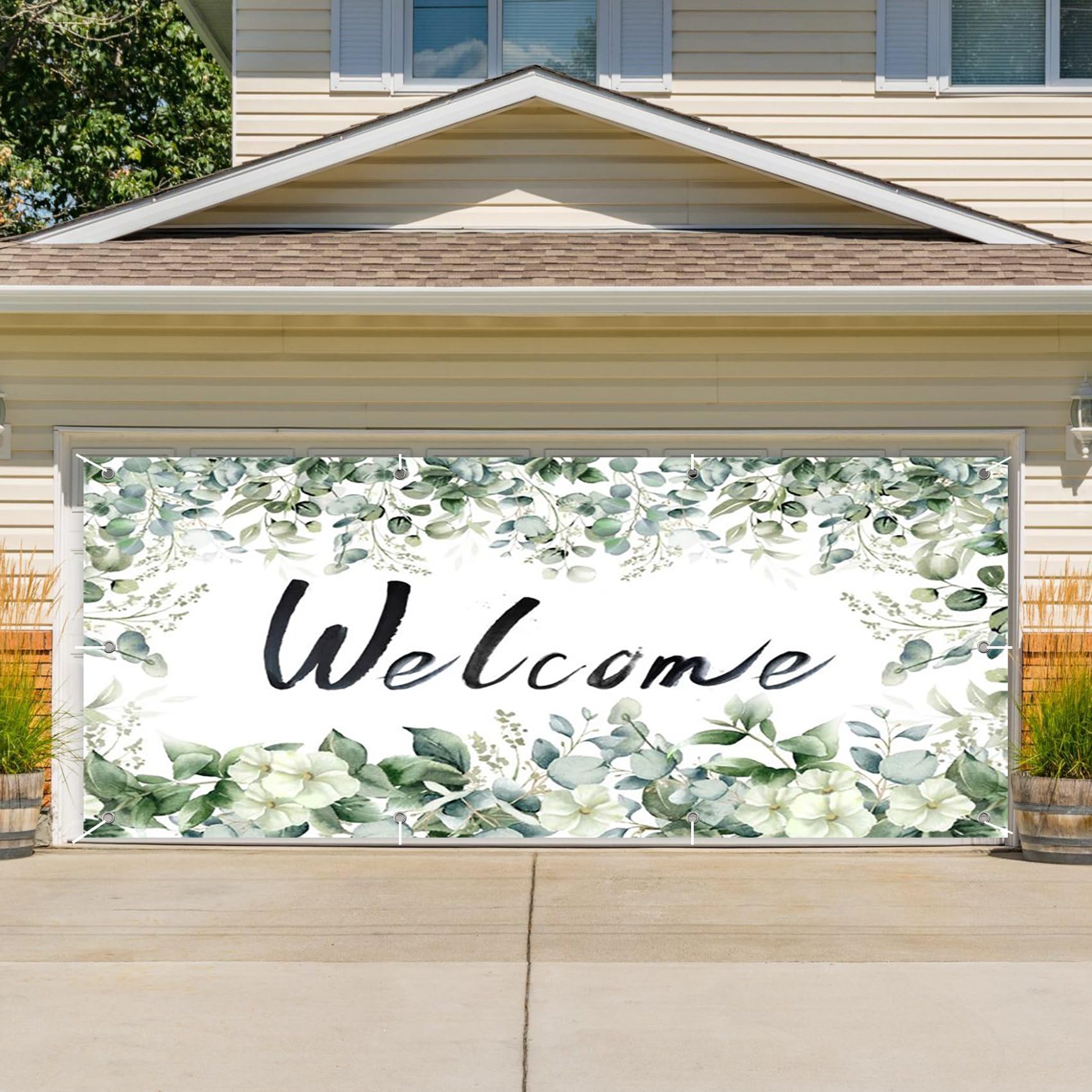 CSFOTO 7x16ft Welcome Theme Garage Door Decoration Banner Spring Plant Leaves Garage Decoration Background Green Eucalyptus Leaves Large Garage Door