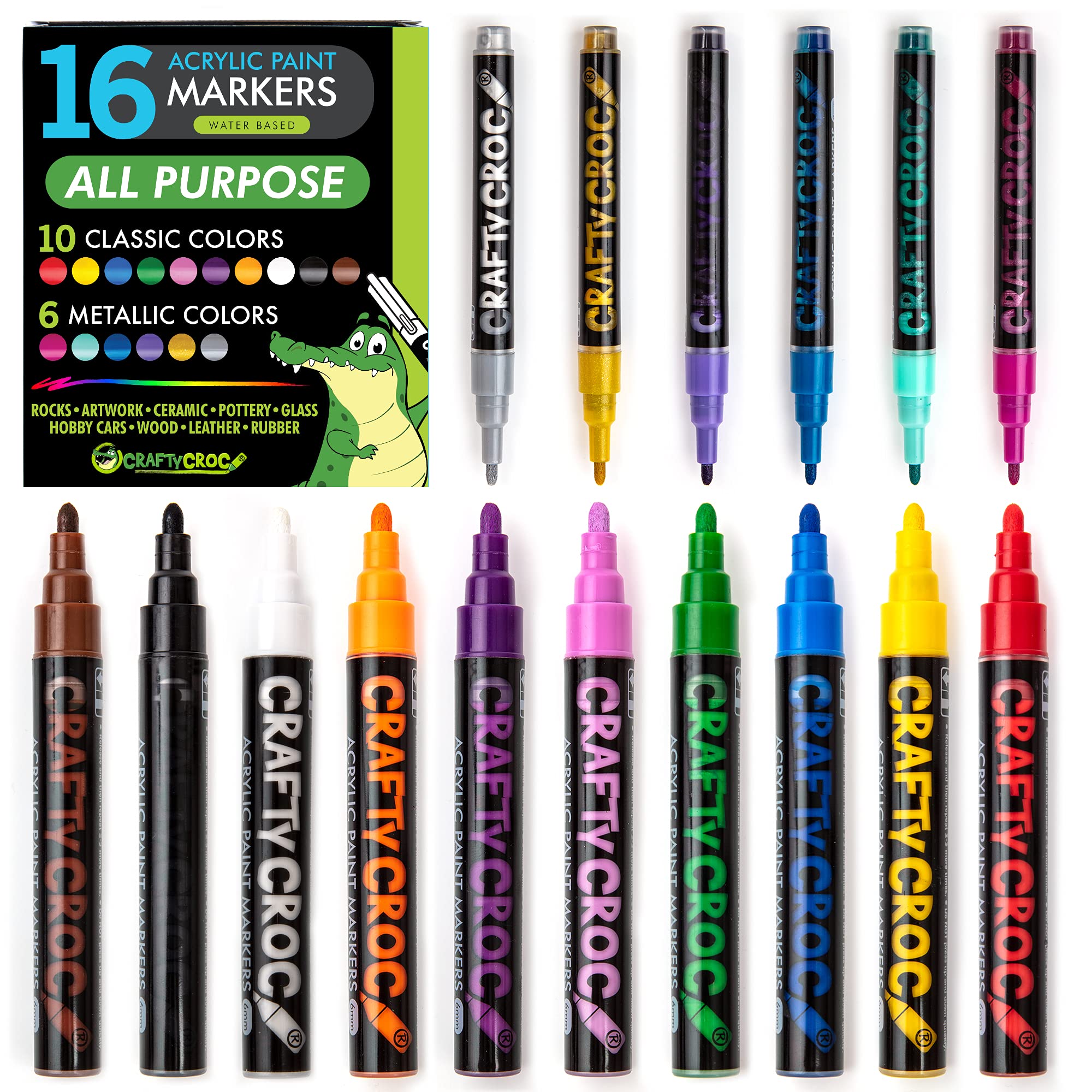 Acrylic Paint Pens for Rock Painting - NEW Acrylic Paint Markers – Includes 16 Water-based Markers with Reversible Tips for Painting Rocks, Glass, Porcelain, Wood, Canvas, Ceramic and Fabric