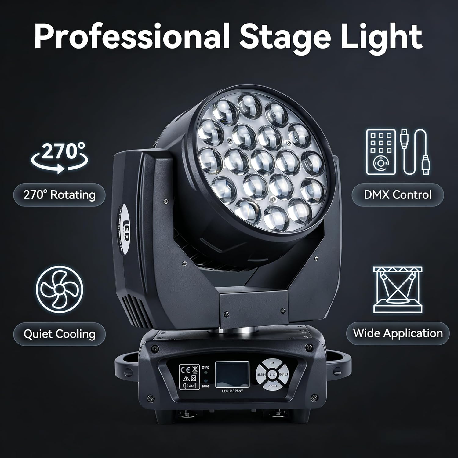 19x15W Moving Head Light for Stage Lighting Effect, RGBW 4-in-1 LED Stage Light with Zoom Beam Wash, Auto DMX Control for Wedding DJ Disco Music Party Nightclub Show Bar (1 Pack)