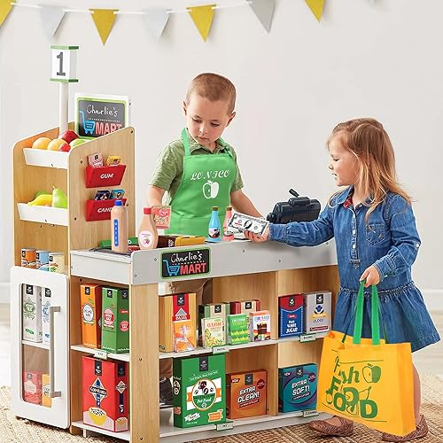 Miniatura 4 de Lonico Juguetes de madera para niños, juguetes de tienda de comestibles con aperitivos, bolsa de compras y delantal para niños, accesorios de