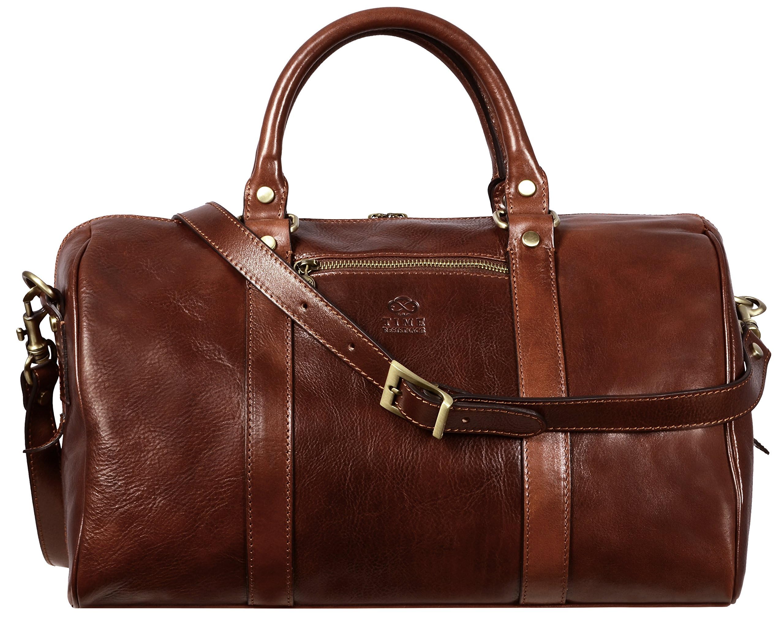 Full Grain Leather Small Duffel Bag Gym Bag Weekender Overnight Unisex Brown - Time Resistance