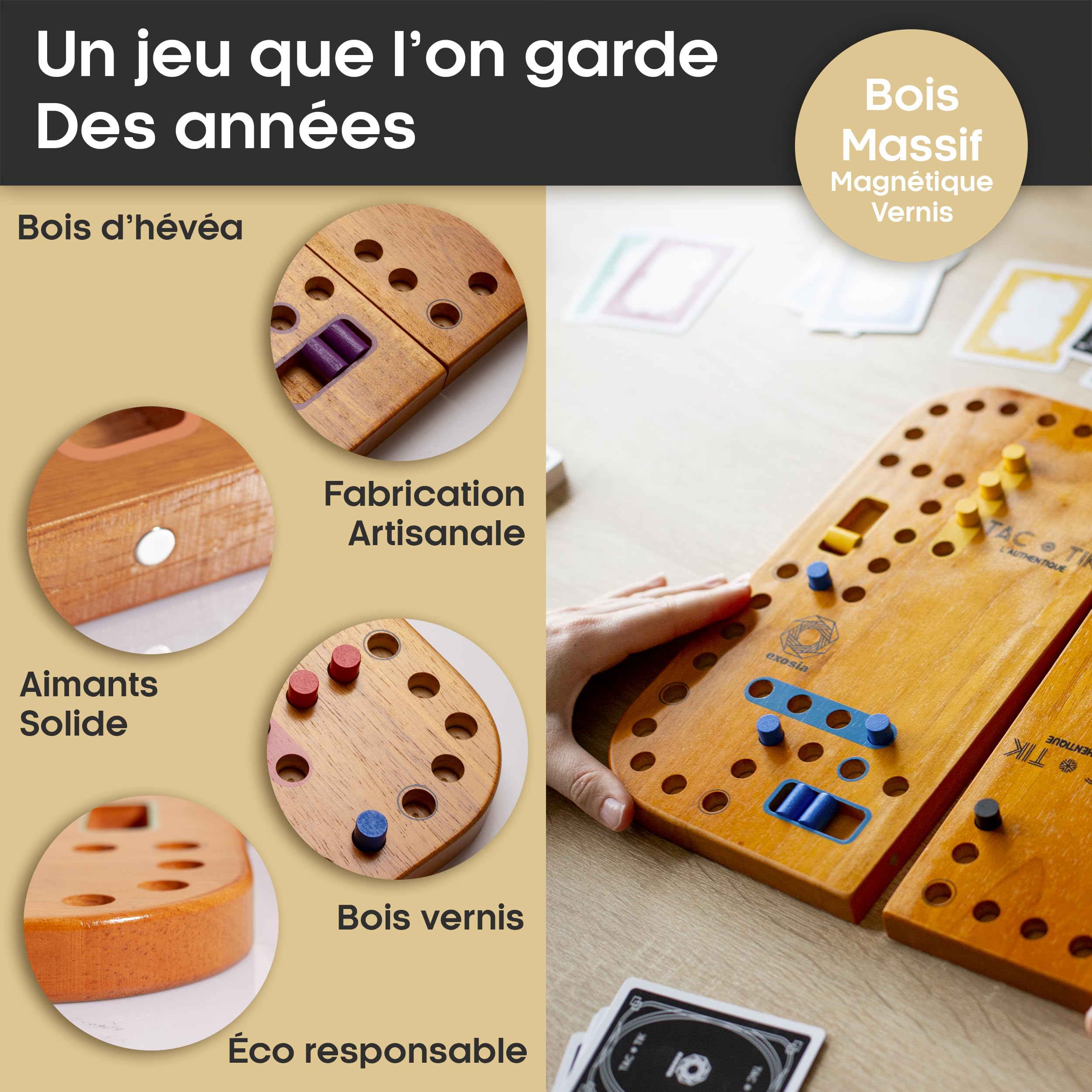 TAC-TIK L'Authentique jeu de société en bois massif d’Hévéa de 2 à 4 joueurs, Plateaux modulables magnétiques, Cartes et instructions en Français pour jouer au jeu de Tock ou TOC, éco-responsable