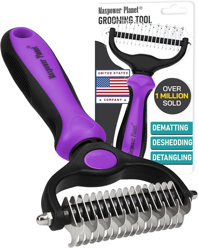 Maxpower Planet Pet Grooming Brush - Double Sided, Extra Wide for Dogs and Cats - Dematting Undercoat Rake, Reduces Shedding by 95%, Purple | Purple, For Dogs & Cats, Anti-Slip Handle, Removes Mats & Tangles, Reduces Shedding, Gift for Pet Lovers