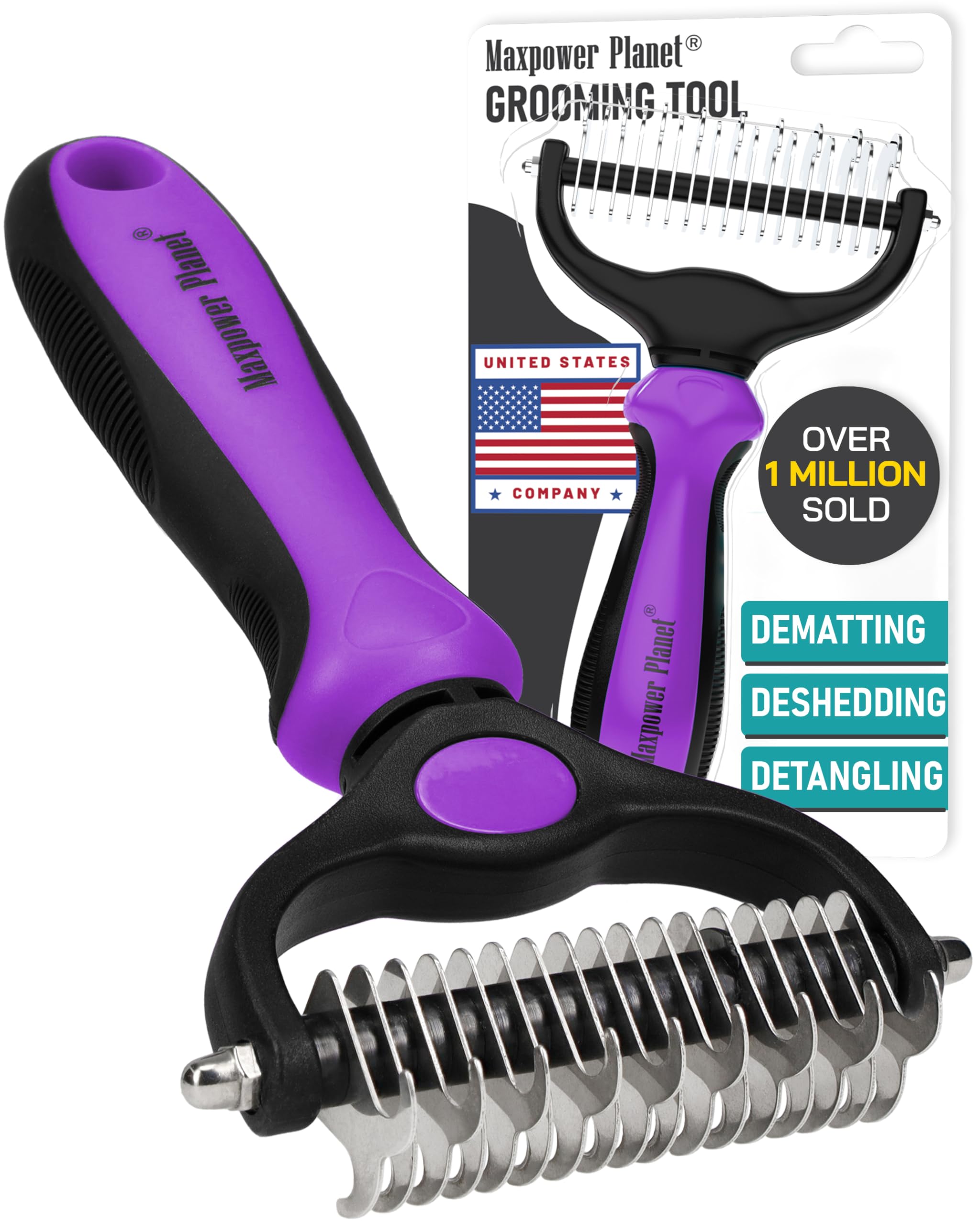 Maxpower Planet Pet Grooming Brush - Double Sided Shedding and Dematting Undercoat Rake Comb for Dogs and Cats,Extra Wide, Purple, Dog Grooming Brush, Dog Shedding Brush