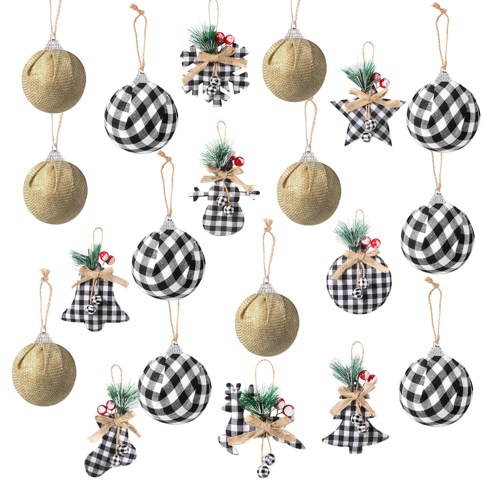 Sratte Lot de 20 décorations de sapin de Noël rustiques à suspendre en toile de jute de 7,9 à 15,2 cm, boules à carreaux rouge/blanc et noir pour décoration de Noël rustique (blanc, noir)