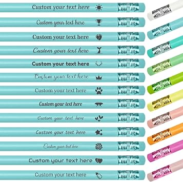 Personalized Pencils Bulk with Name Logo Engraved Custom Wood-Cased Pencils with Eraser Gift for School Classroom Office Business, Blue