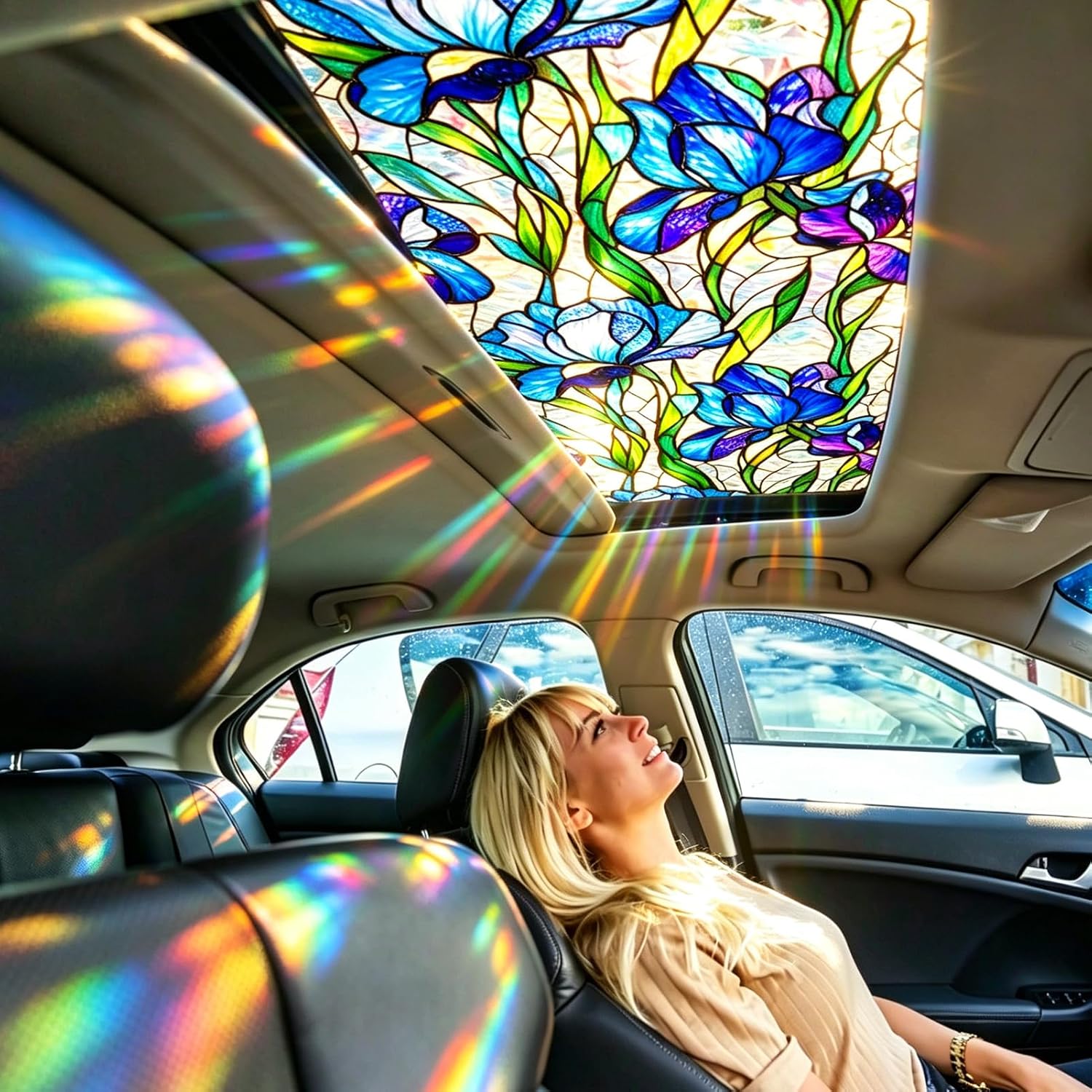 Car Sunroof Stained Glass Window Film, Static Cling Decorative Privacy Film for Automotive Moonroof, Blue Purple Magnolia Pattern Removable Static Cling Vinyl, 17 x 39 Inch