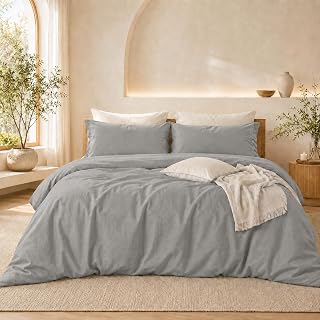 Queen Duvet Cover Set, 100% Washed Cotton Bedding Set, Soft Breathable Comforter Cover with Zipper Closure & Corner Ties, 3 Pieces, Gray, 90”x90”, No Comforter