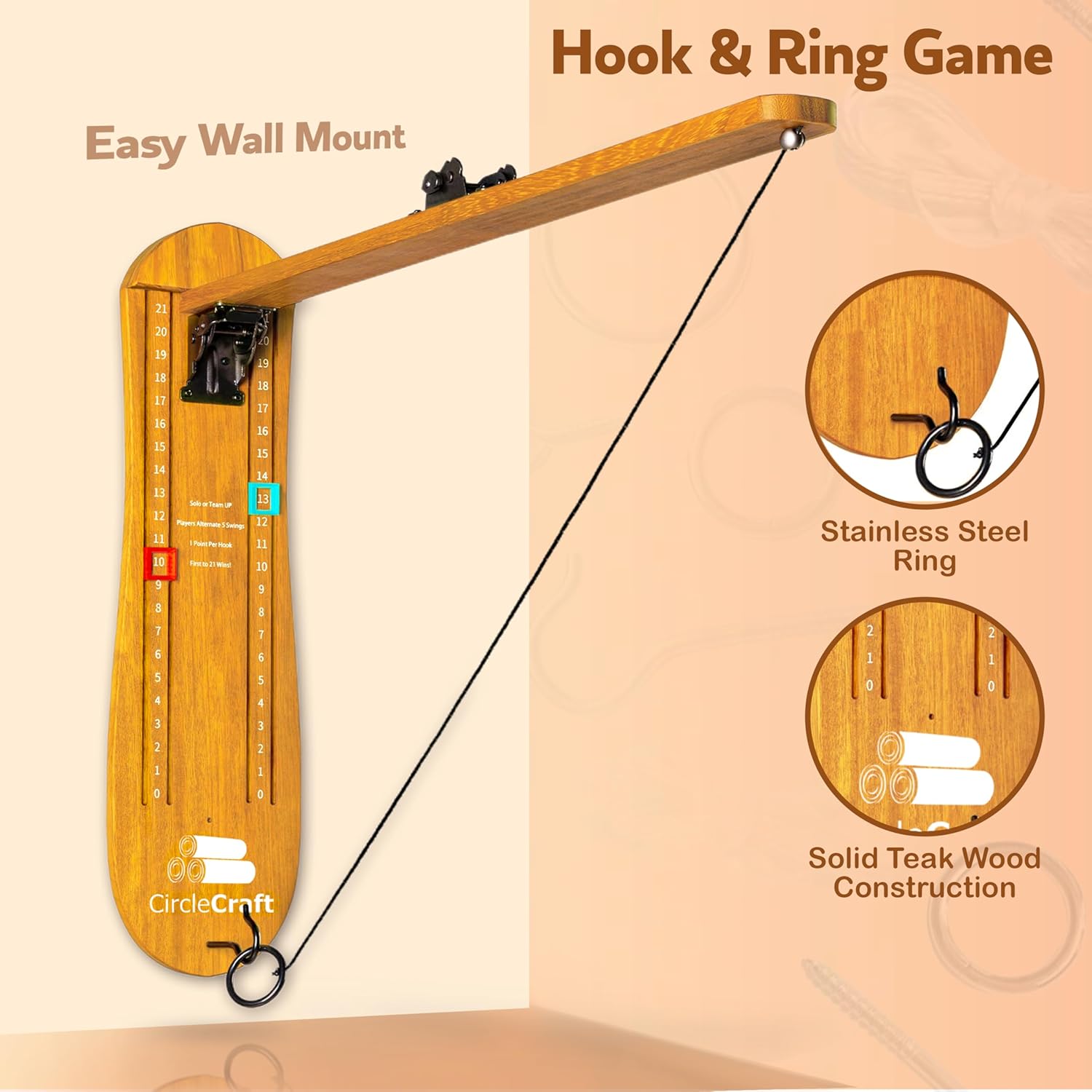 Wall Mount Ring Swing Game | Foldable Wall Mounted Ring Toss Game for Adults | Man Cave Decor and Accessories for Backyard | Indoor & Outdoor Bar Games for Adults