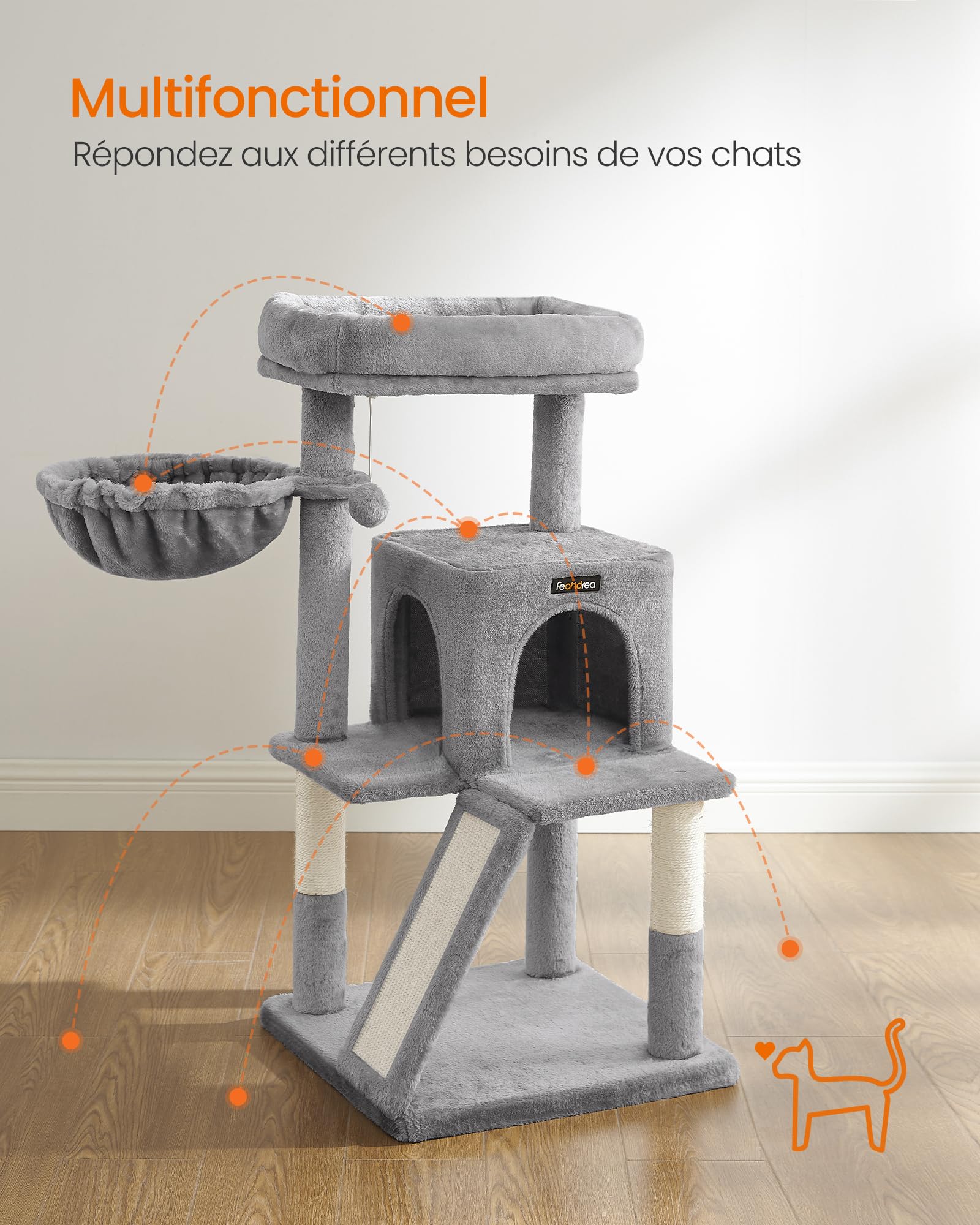 FEANDREA Arbre à Chat, Tour de Jeux, Grand Plate-Forme, Gris Clair PCT51W