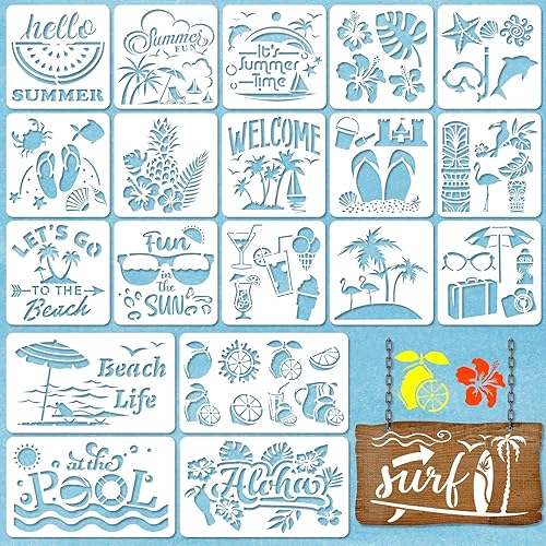 20 plantillas de verano reutilizables para dibujo, plantillas de playa para álbumes de recortes, dibujo, trazado, muebles de bricolaje, decoración