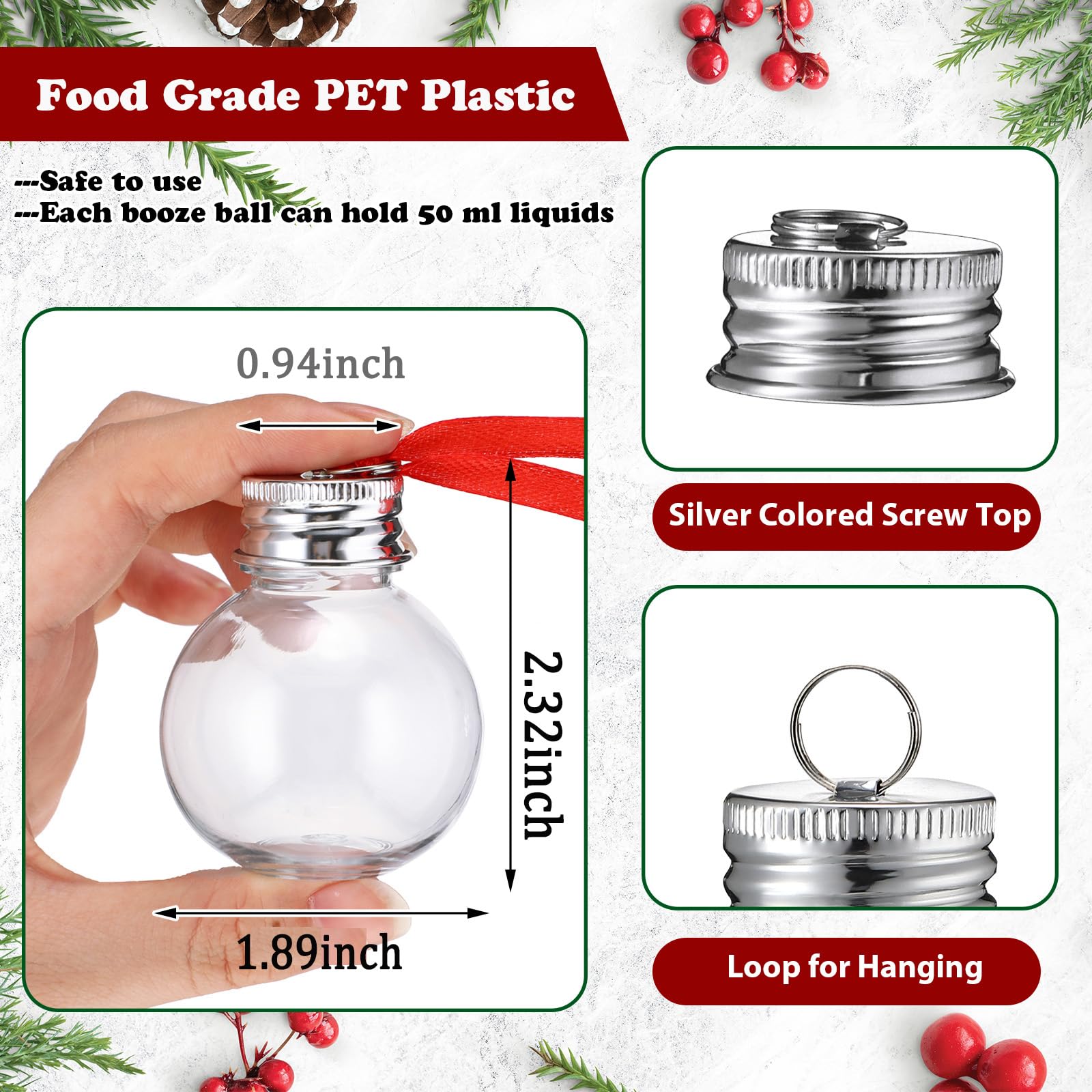 Patelai Lot de 100 boules de Noël en verre à liqueur en plastique à remplir pour sapin de Noël - Ampoules de bouteille d'eau pour décoration de fête d'intérieur et d'extérieur (transparent avec