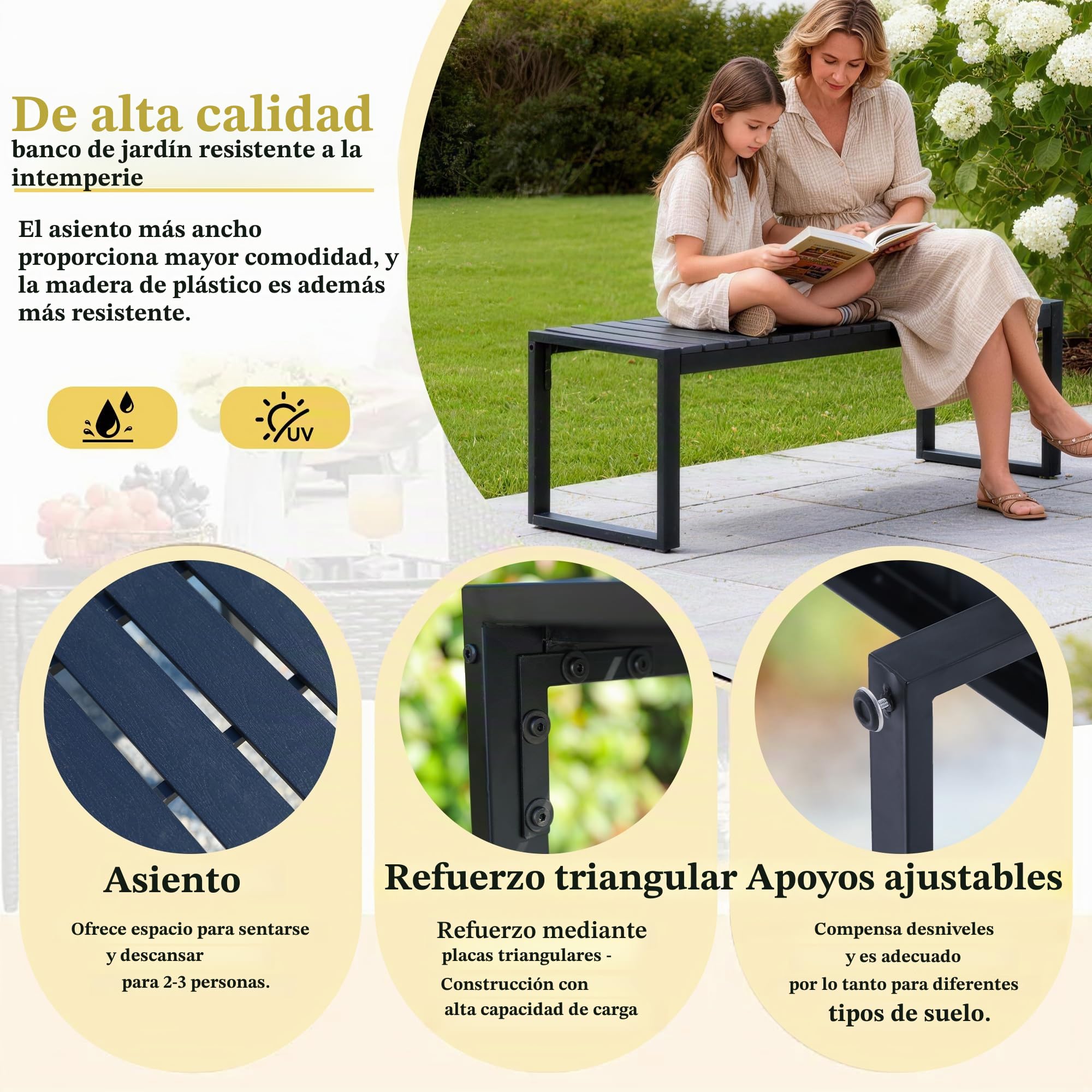 Mingone Banco de Jardín Exterior de 2 Plazas, Resistente a la Intemperie – Banco Exterior Rústico de Madera Plástica para Terraza, Patio o Parque, 120 cm