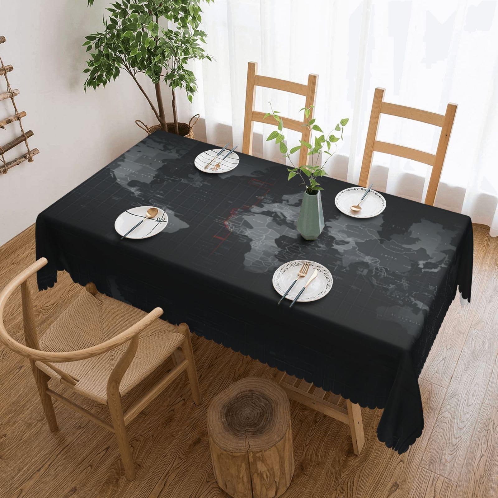 QAZWZML Black World Map Printed tablecloth, made of thick polyester with lace trim, suitable for dining rooms, picnics, and weddings