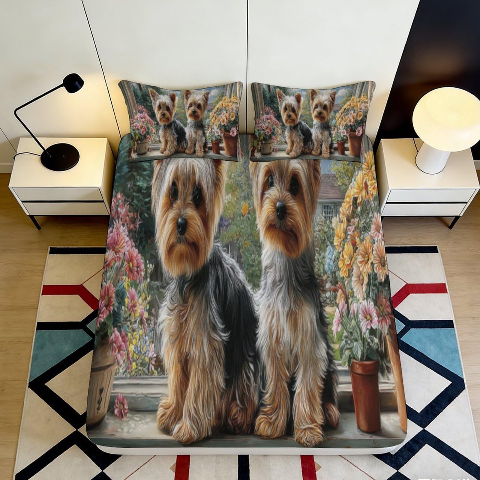 3D Printed Yorkshire Terrier Fitted Sheet Microfiber Soft Breathable Dog Bed Cover for Bedroom Guest Room Decor 90x200x25cm