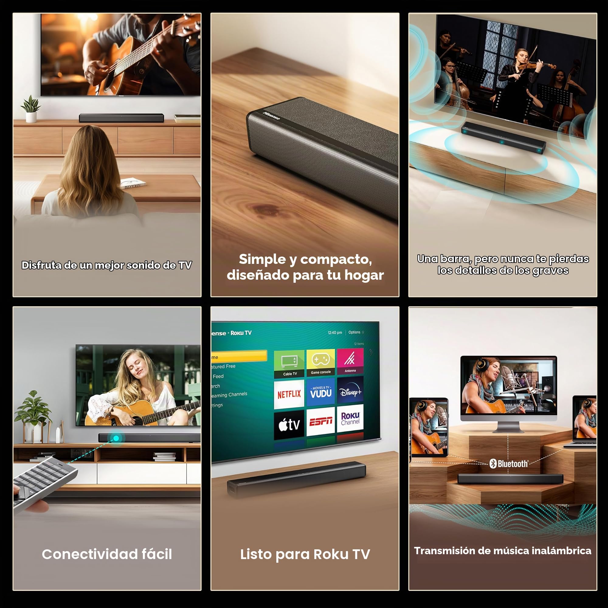 Hisense HS214 Barra de sonido de 2.1 canales, Con Subwoofer integrado, 108 W, Diseño Compacto todo en uno con Bluetooth, DolbyTV, HDMI ARC/Optical/AUX/ Audio, Roku USB, 3 modos EQ, Multicolo