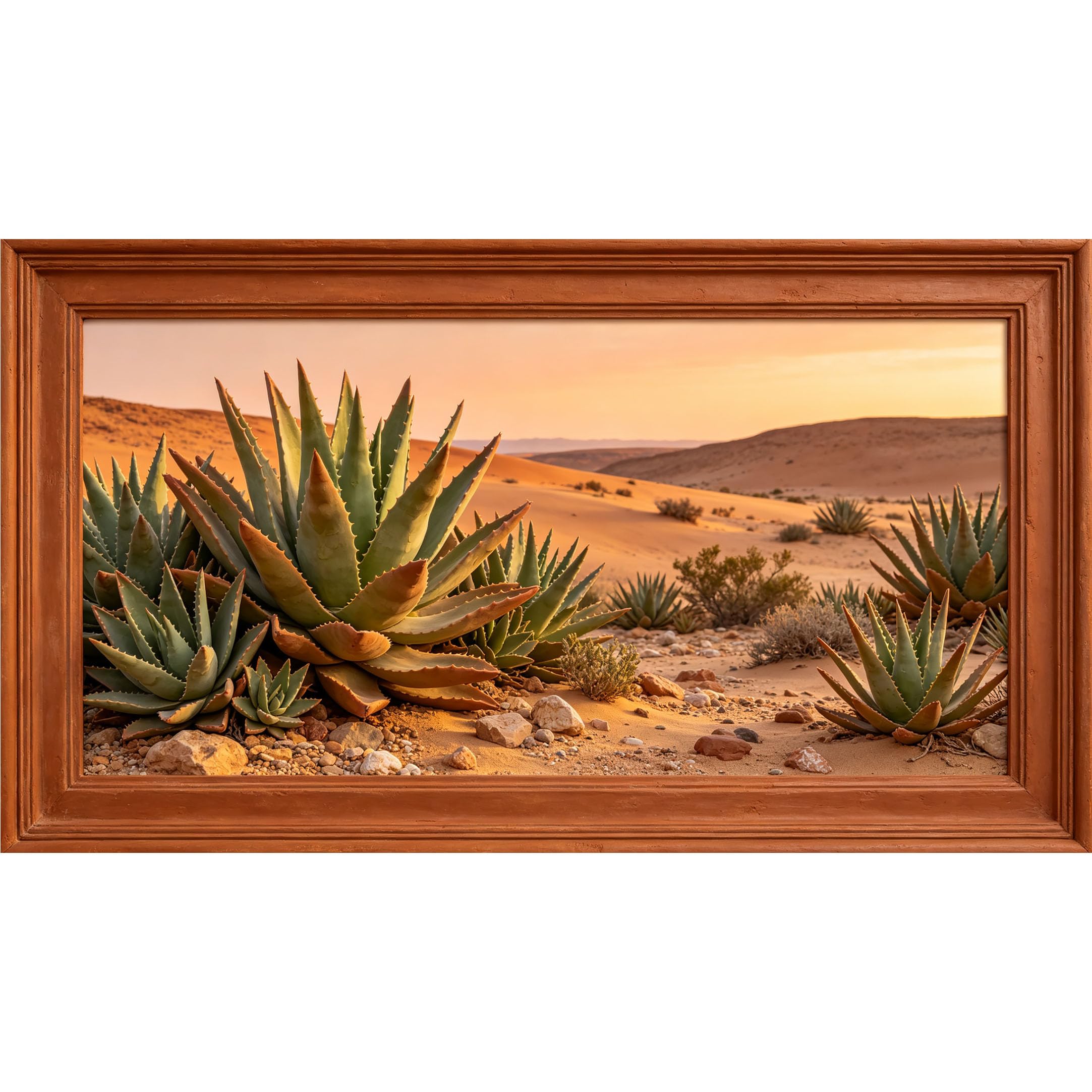 QZLITHOTIC 50×90cm3D Framed Wall Art， Desert Aloe Vera Landscape Botanical SelfAdhesive Mural， WaterActivated Peel & Stick Fabric Decor Wall Decal for Bedroom Living Room
