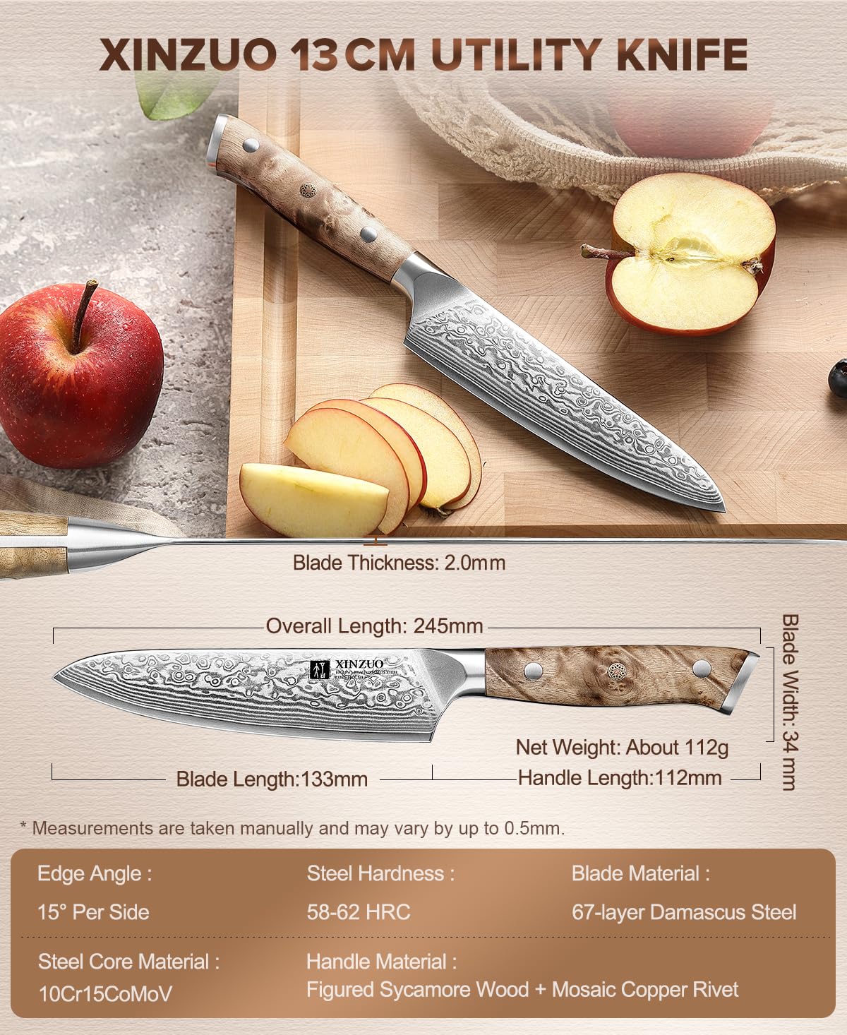 XINZUO Acero de Damasco Cuchillo Universal de Cocina 13,3cm Cuchillo para Pelar de Fruta -Mango Ergonómico de Figured Sycamore Wood -para Carne, Pescado, Fruta y Verdura -con Caja de Regalo