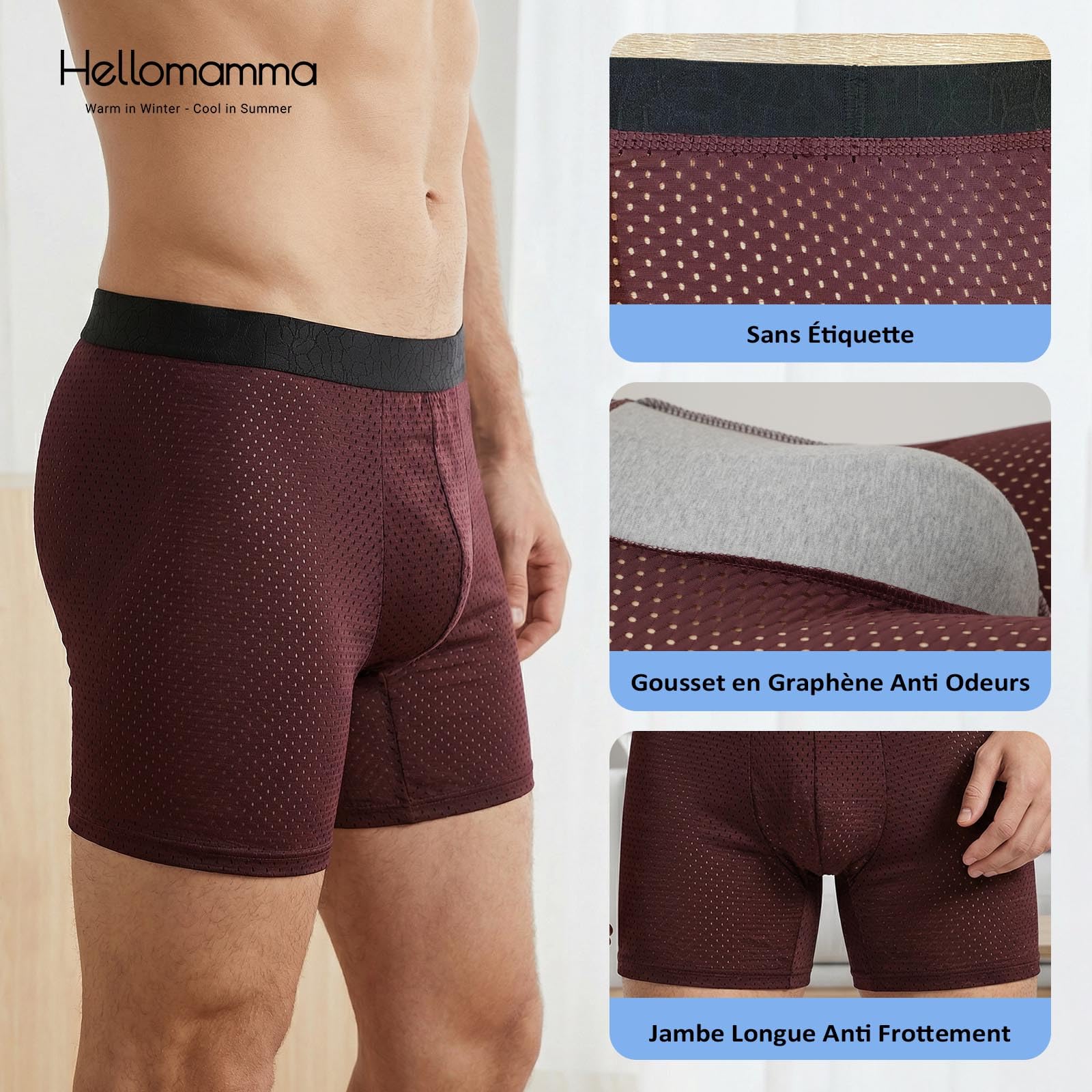 Hellomamma Boxer Homme Calecon Long: sous-Vêtement Boxers Anti Frottement Respirant en Maille Confortables sans Étiquette pour Sport Running Fitness Lot de 4