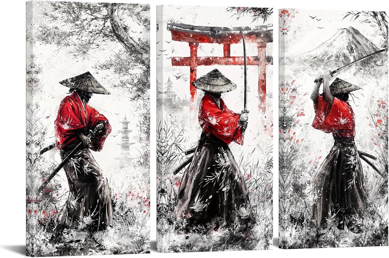 KREATIVE ARTS 3 Pieces Black and White Warrior Wall Decor Japanese Samurai Wall Art Prints Vintage Japanese Cultural Samurai Pictures Canvas Painting Each Panel 16x32''